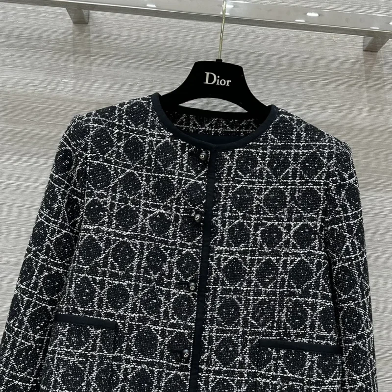 Dior Women Macrocannage Cropped Jacket Black and White Technical Cotton Tweed