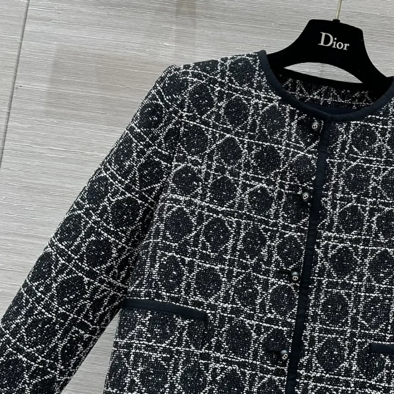 Dior Women Macrocannage Cropped Jacket Black and White Technical Cotton Tweed