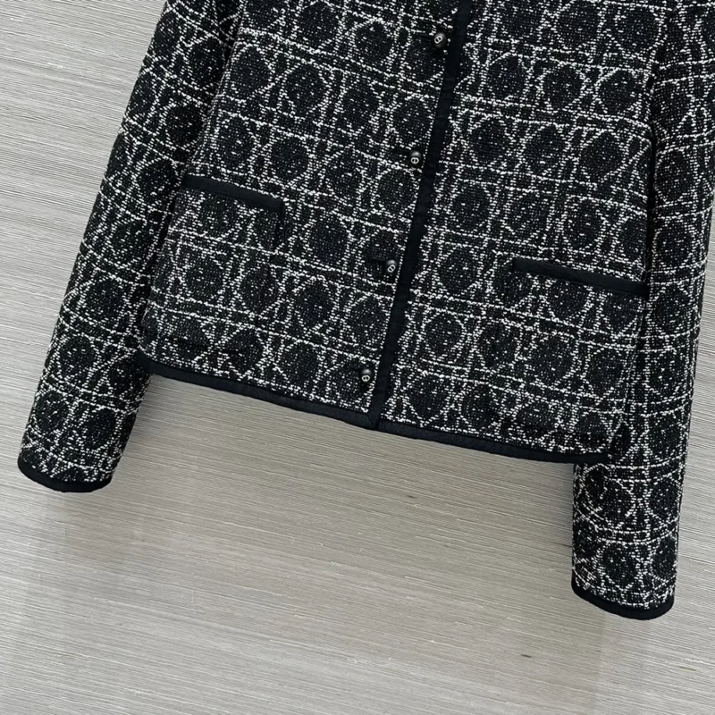 Dior Women Macrocannage Cropped Jacket Black and White Technical Cotton Tweed