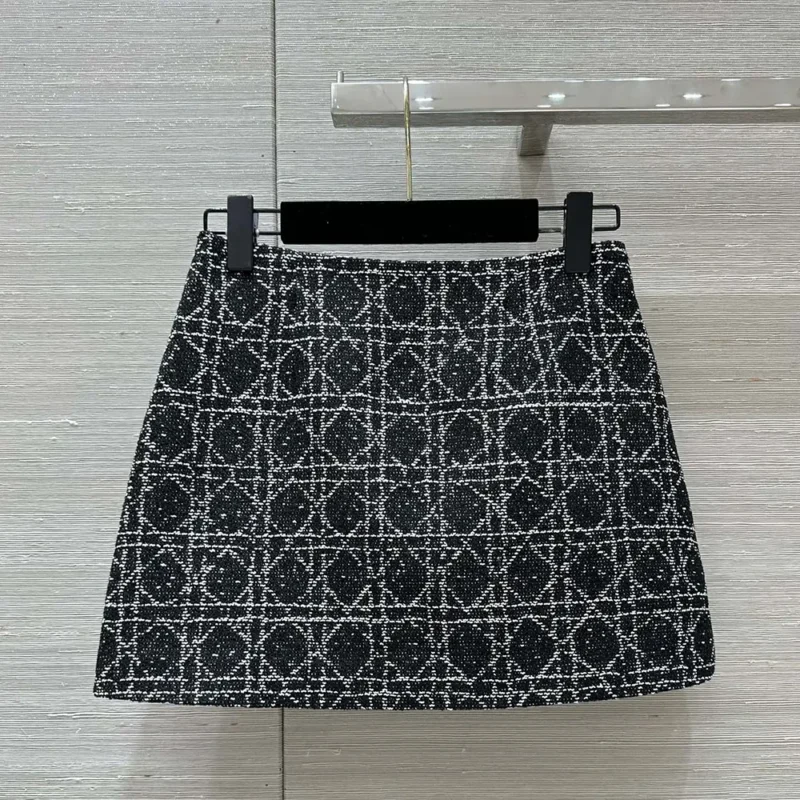 Dior Women Macrocannage Miniskirt Black and White Technical Cotton Tweed