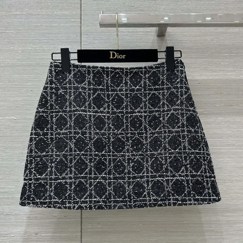 Dior Women Macrocannage Miniskirt Black and White Technical Cotton Tweed