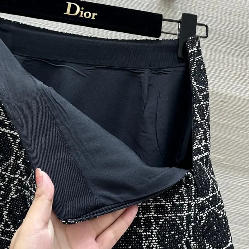 Dior Women Macrocannage Miniskirt Black and White Technical Cotton Tweed