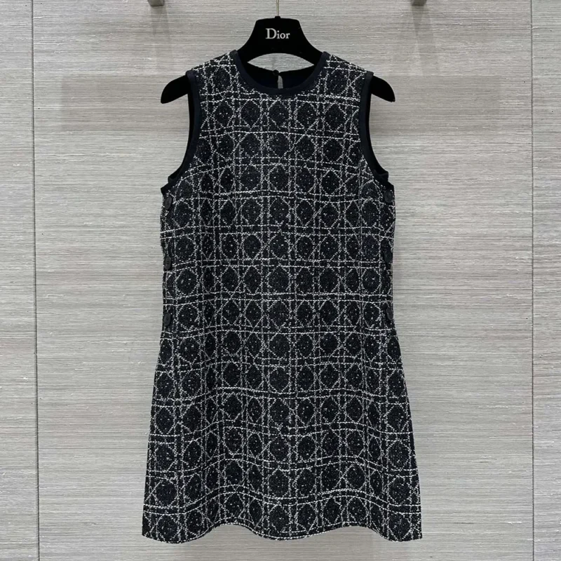 Dior Women Macrocannage Sleeveless Tunic Black and White Cotton Blend Tweed