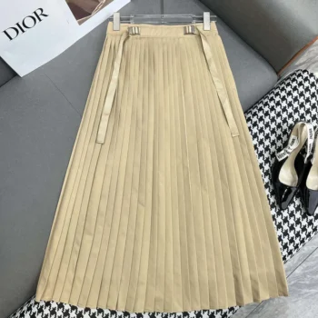 Dior Women Pleated Mid-Length Skirt Beige Cotton Gabardine