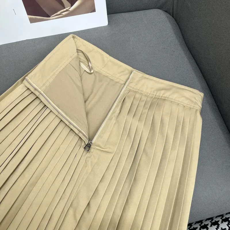 Dior Women Pleated Mid-Length Skirt Beige Cotton Gabardine