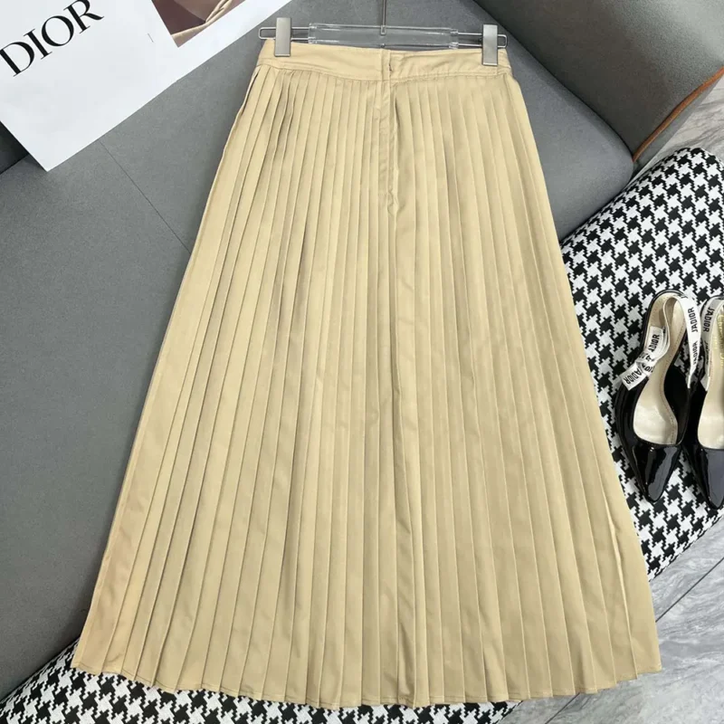 Dior Women Pleated Mid-Length Skirt Beige Cotton Gabardine