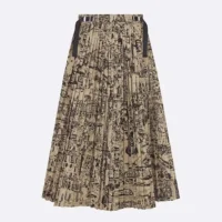 Dior Women Pleated Mid-Length Skirt Beige and Black Cotton Gabardine with Paris Allover Motif (1)