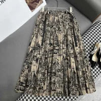 Dior Women Pleated Mid-Length Skirt Beige and Black Cotton Gabardine with Paris Allover Motif (1)