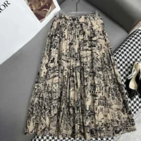 Dior Women Pleated Mid-Length Skirt Beige and Black Cotton Gabardine with Paris Allover Motif (1)