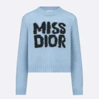 Dior Women Sweater Pale Blue Cashmere and Silk Knit with Black Miss Dior Graffiti Motif