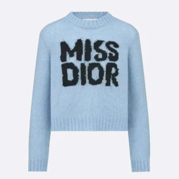 Dior Women Sweater Pale Blue Cashmere and Silk Knit with Black Miss Dior Graffiti Motif