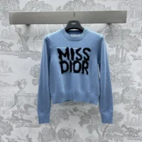 Dior Women Sweater Pale Blue Cashmere and Silk Knit with Black Miss Dior Graffiti Motif (1)