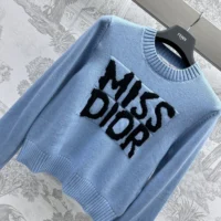 Dior Women Sweater Pale Blue Cashmere and Silk Knit with Black Miss Dior Graffiti Motif (1)