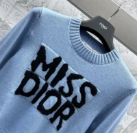 Dior Women Sweater Pale Blue Cashmere and Silk Knit with Black Miss Dior Graffiti Motif (1)