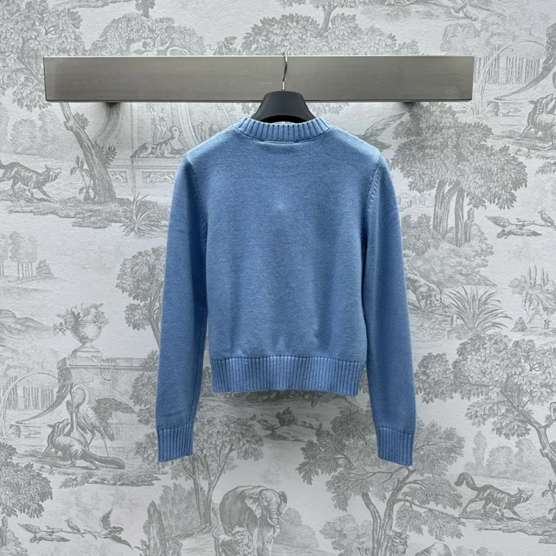 Dior Women Sweater Pale Blue Cashmere and Silk Knit with Black Miss Dior Graffiti Motif