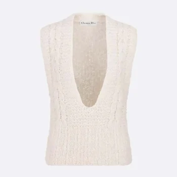 Dior Women Sweater Vest Ecru Cotton and Wool Blend Knit