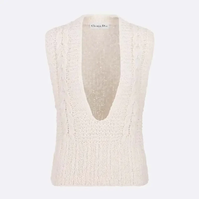 Dior Women Sweater Vest Ecru Cotton and Wool Blend Knit