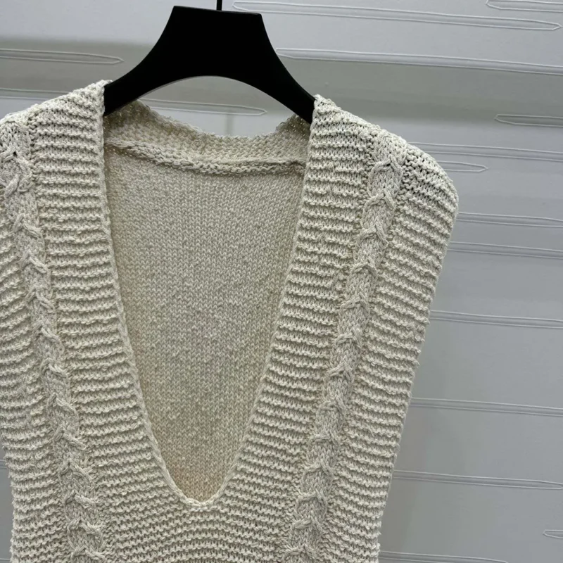 Dior Women Sweater Vest Ecru Cotton and Wool Blend Knit