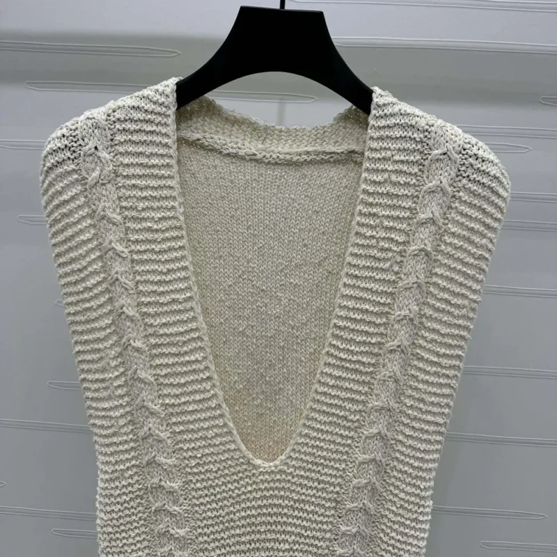 Dior Women Sweater Vest Ecru Cotton and Wool Blend Knit