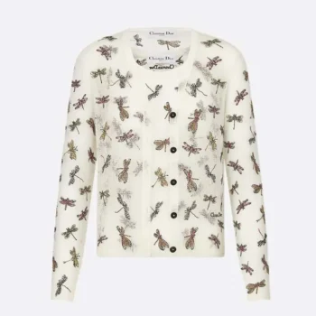 Dior Women Twinset White Mohair and Alpaca Blend Knit with Multicolor Dragonfly Motif