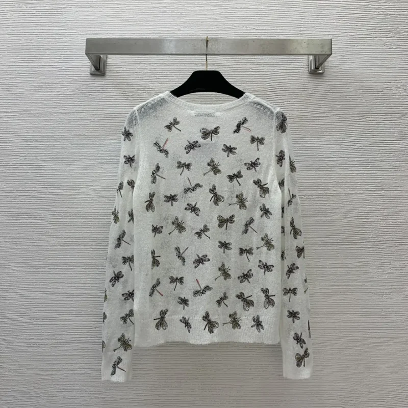 Dior Women Twinset White Mohair and Alpaca Blend Knit with Multicolor Dragonfly Motif