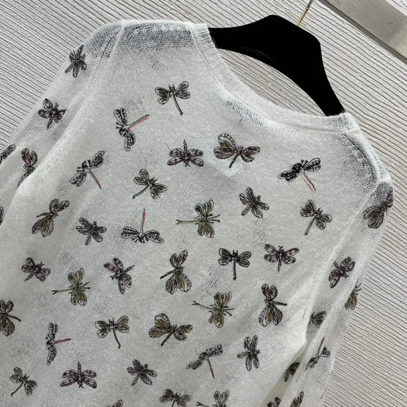 Dior Women Twinset White Mohair and Alpaca Blend Knit with Multicolor Dragonfly Motif