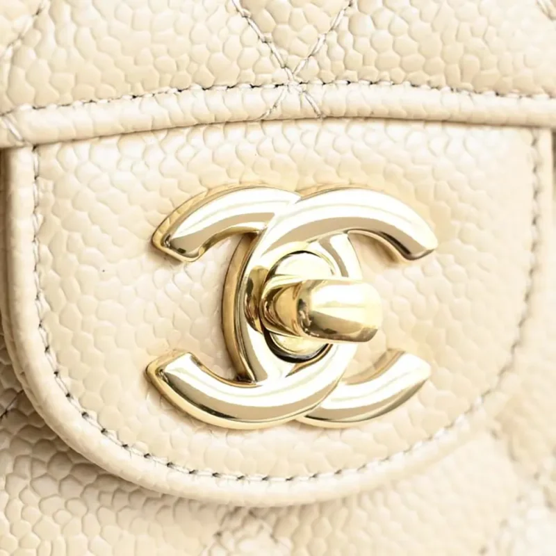 Chanel Women Classic 11.12 Handbag Grained Shiny Calfskin Gold-Tone Metal-Beige