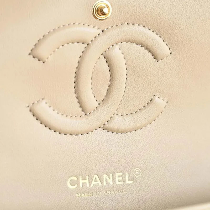 Chanel Women Classic 11.12 Handbag Grained Shiny Calfskin Gold-Tone Metal-Beige