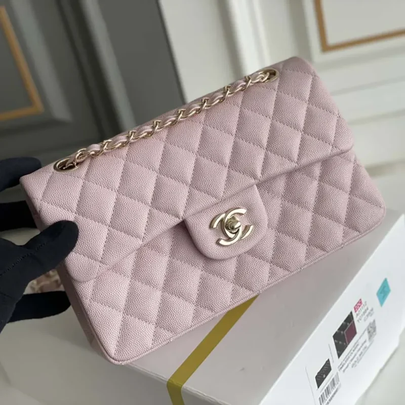 Chanel Women Small Classic Handbag Grained Shiny Calfskin Gold-Tone Metal-Light Pink