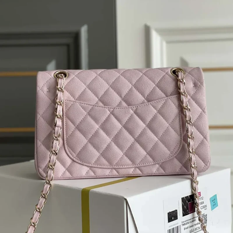 Chanel Women Small Classic Handbag Grained Shiny Calfskin Gold-Tone Metal-Light Pink