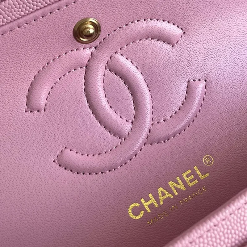 Chanel Women Classic 11.12 Handbag Grained Shiny Calfskin Gold-Tone Metal-Pink