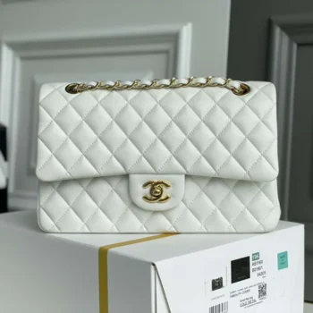 Chanel Women Classic 11.12 Handbag Grained Shiny Calfskin Gold-Tone Metal-White