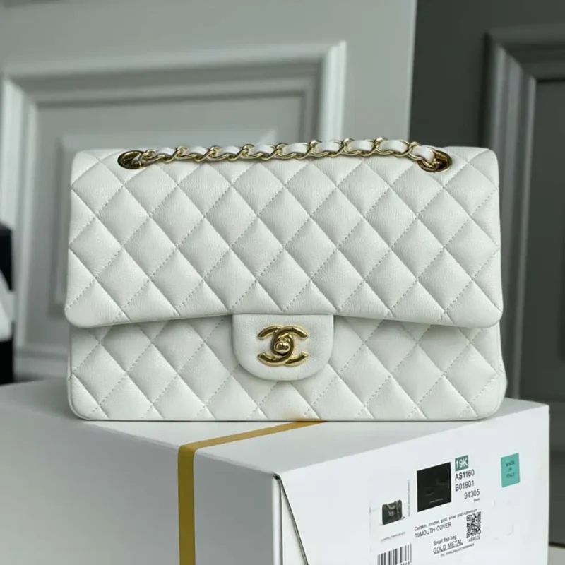 Chanel Women Classic 11.12 Handbag Grained Shiny Calfskin Gold-Tone Metal-White