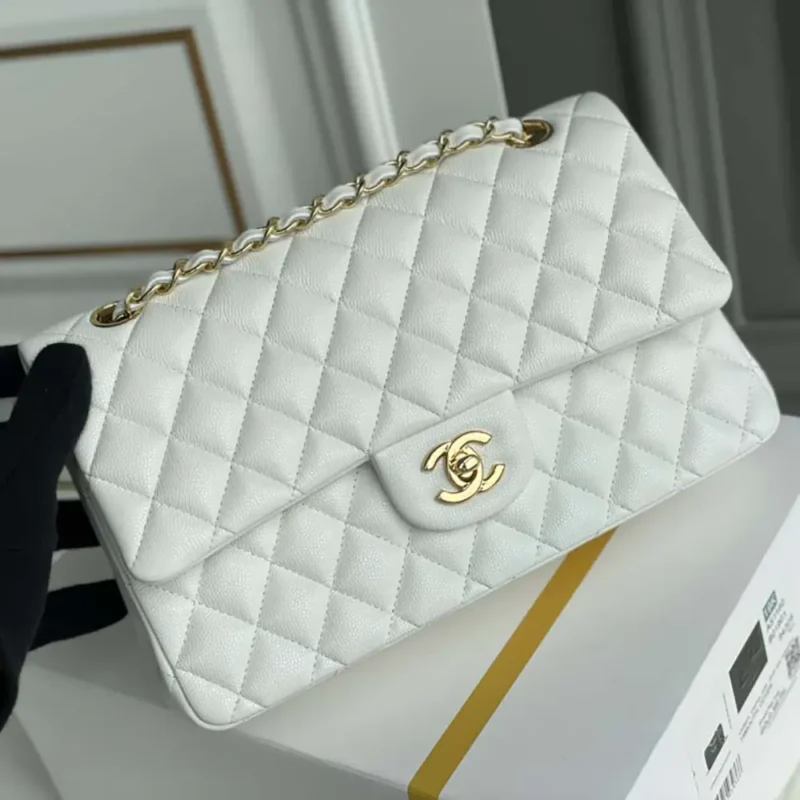 Chanel Women Classic 11.12 Handbag Grained Shiny Calfskin Gold-Tone Metal-White