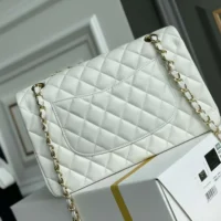 Chanel Women Classic 11.12 Handbag Grained Shiny Calfskin Gold-Tone Metal-White