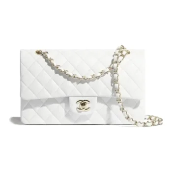 Chanel Women Classic 11.12 Handbag Grained Shiny Calfskin Gold-Tone Metal-White