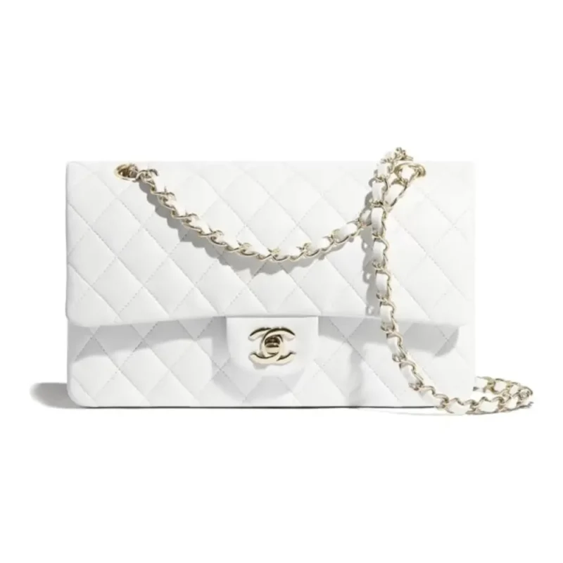 Chanel Women Classic 11.12 Handbag Grained Shiny Calfskin Gold-Tone Metal-White