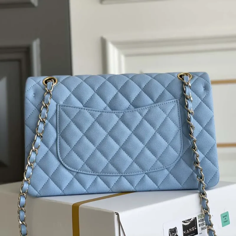 Chanel Women Classic 11.12 Handbag Grained Shiny Calfskin Gold-Tone Metal-Blue