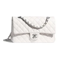 Chanel Women Classic 11.12 Handbag Grained Shiny Calfskin Silver-Tone Metal-White (1)