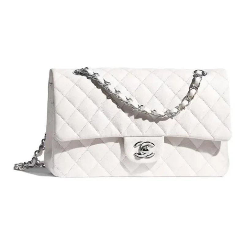 Chanel Women Classic 11.12 Handbag Grained Shiny Calfskin Silver-Tone Metal-White