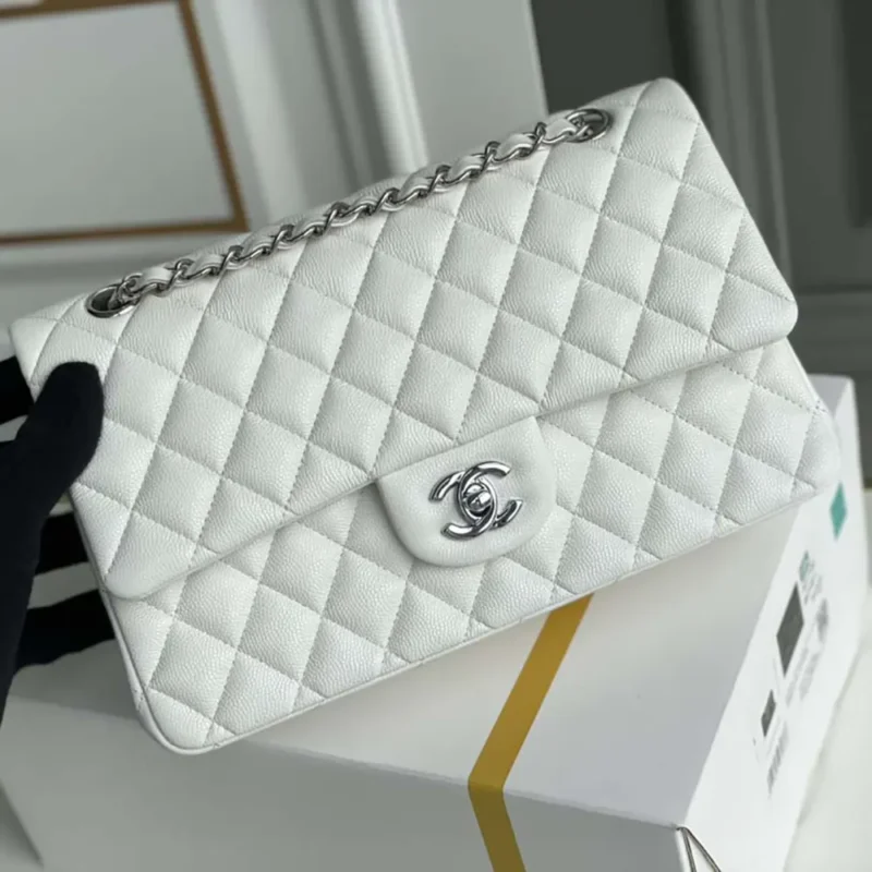 Chanel Women Classic 11.12 Handbag Grained Shiny Calfskin Silver-Tone Metal-White