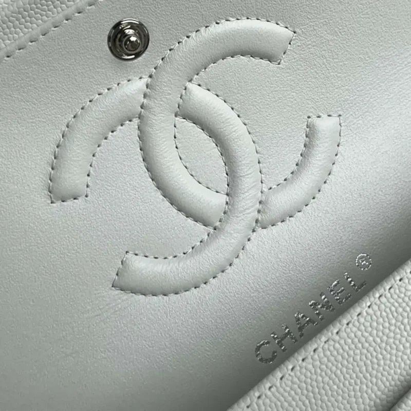 Chanel Women Classic 11.12 Handbag Grained Shiny Calfskin Silver-Tone Metal-White