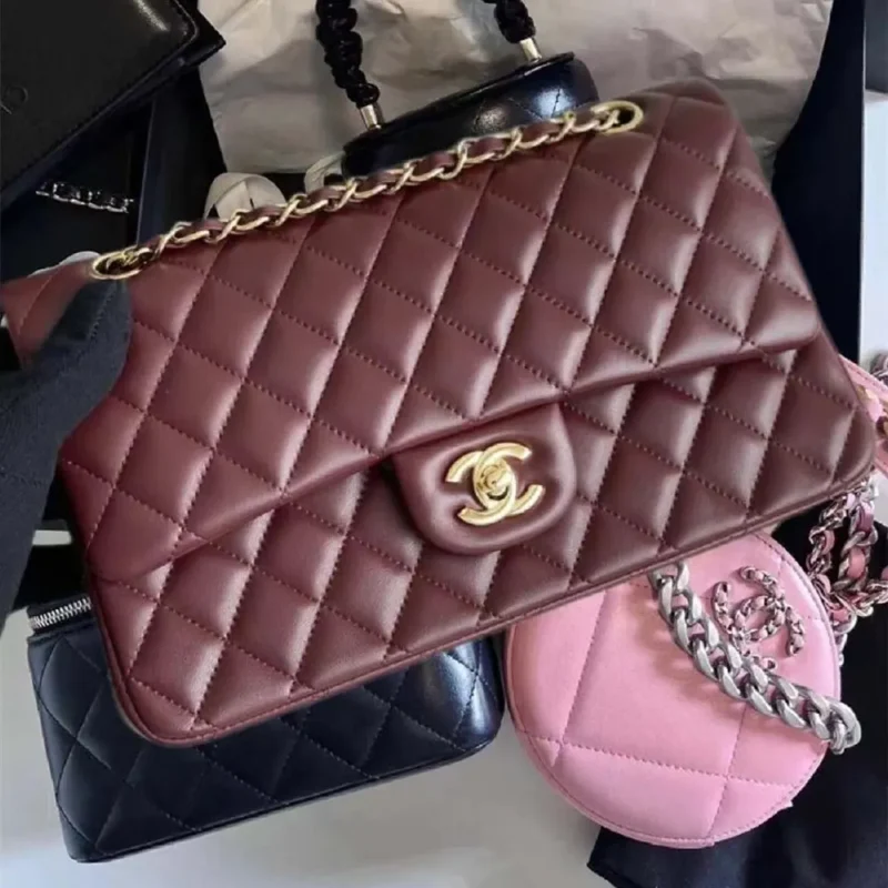 Chanel Women Classic 11.12 Handbag in Lambskin Leather-Burgundy