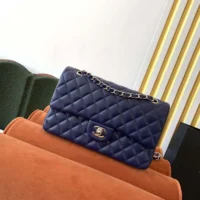 Chanel Women Classic 11.12 Handbag in Lambskin Leather-Navy (10)