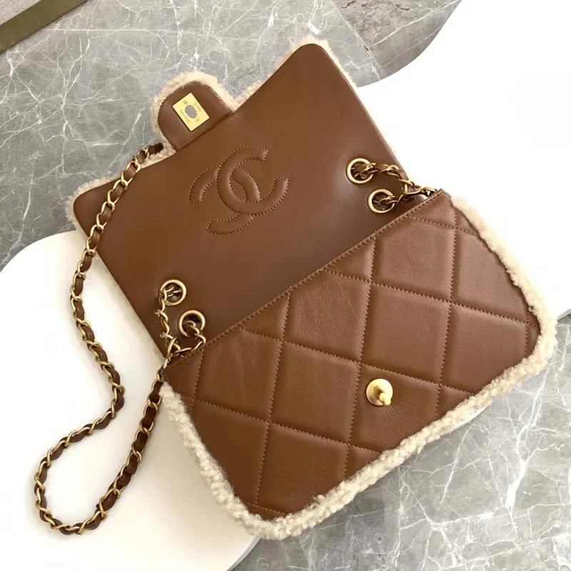 Chanel Women Flap Bag in Shearling Lambskin Leather-Brown