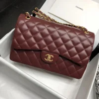 Chanel Women Maxi Classic Handbag in Lambskin Leather-Burgundy (3)