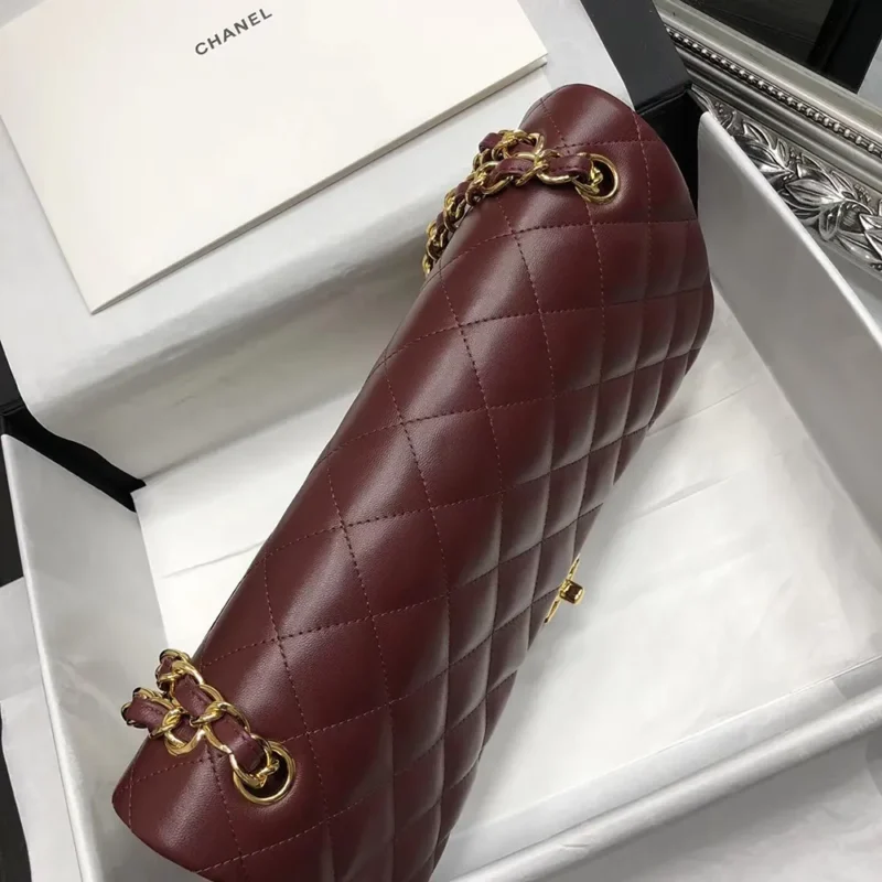 Chanel Women Maxi Classic Handbag in Lambskin Leather-Burgundy