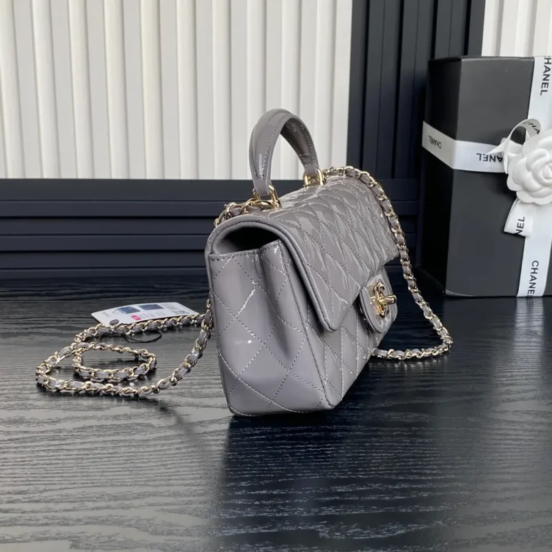 Chanel Women Mini Classic Handbag with Top Handle in Patent Calfskin-Grey