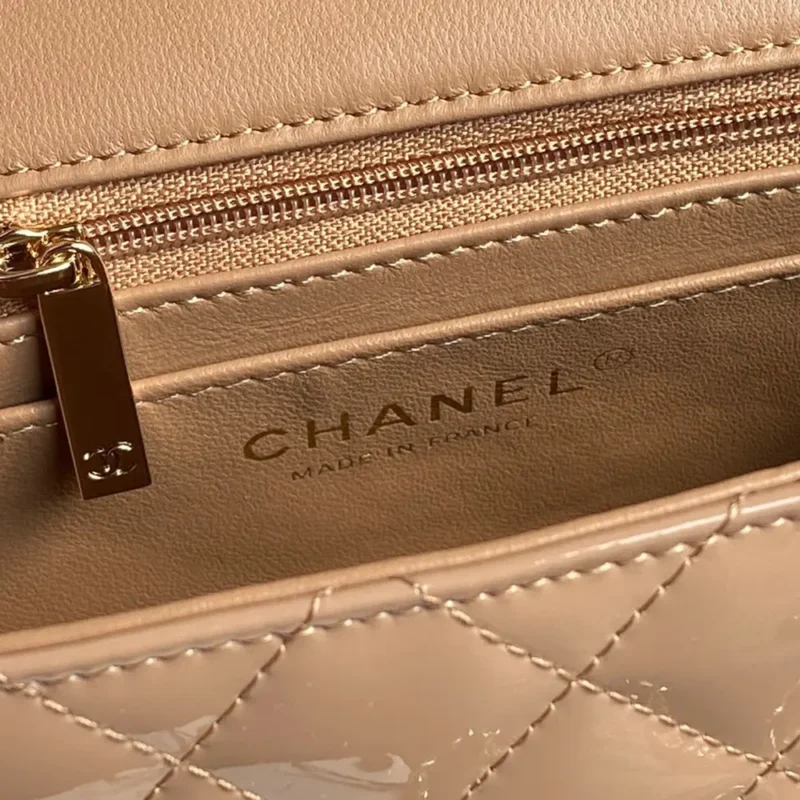 Chanel Women Mini Classic Handbag with Top Handle in Patent Calfskin-Sandy