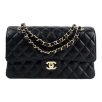 Chanel Women Small Classic Handbag in Grained Calfskin Gold Tone Metal-Black